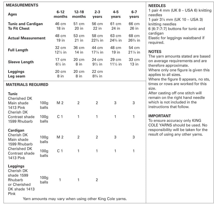 King Cole 4203 Double Knitting Pattern - Tunic, Cardigan and Leggings (6 mnths to 7 Years)