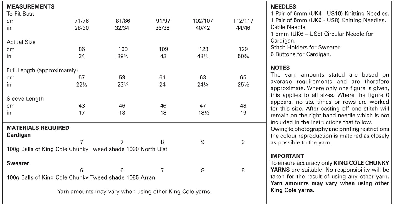 King Cole 5012 Chunky Knitting Pattern - Ladies Cardigan & Sweater (28-46in)