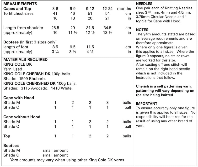 King Cole 5084 Double Knitting Pattern - Cape, Top & Bootees (3 mnths to 2 Years)