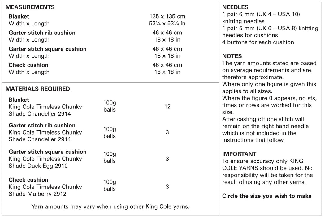 King Cole 5182 Chunky Knitting Pattern - Easy Knit Blanket & Cushion Covers