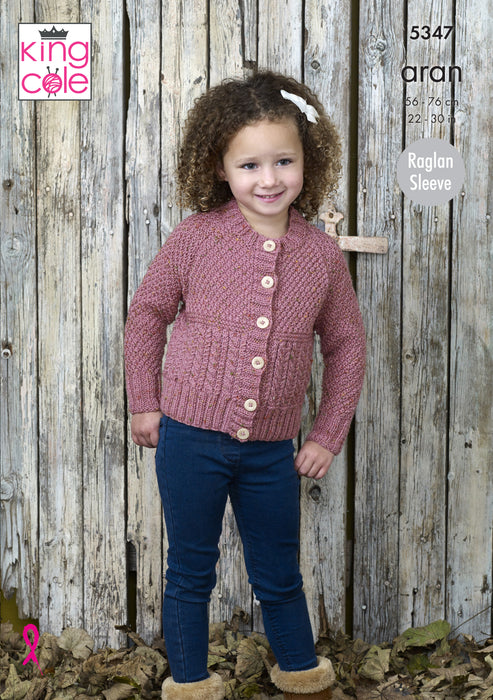 King Cole 5347 Aran Knitting Pattern - Sweater & Cardigan for Children