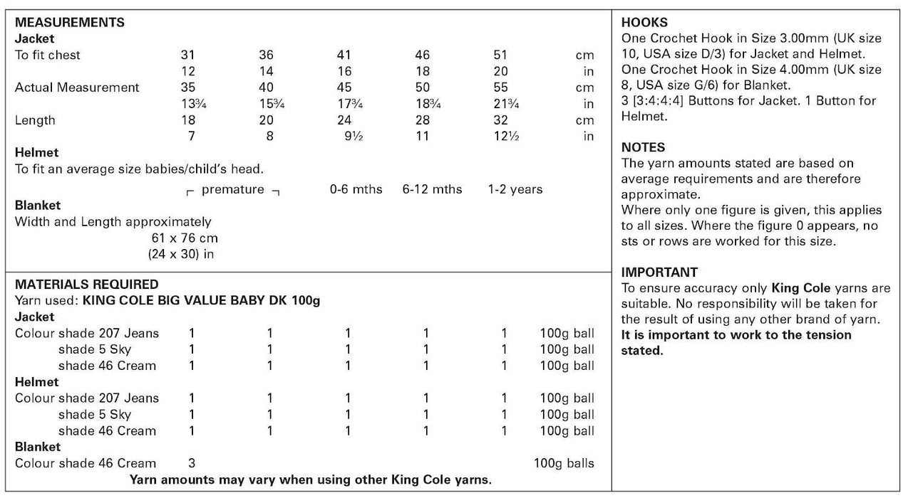 King Cole 5414 CROCHET Pattern - Baby DK Jacket, Helmet and Blanket (12-20in)