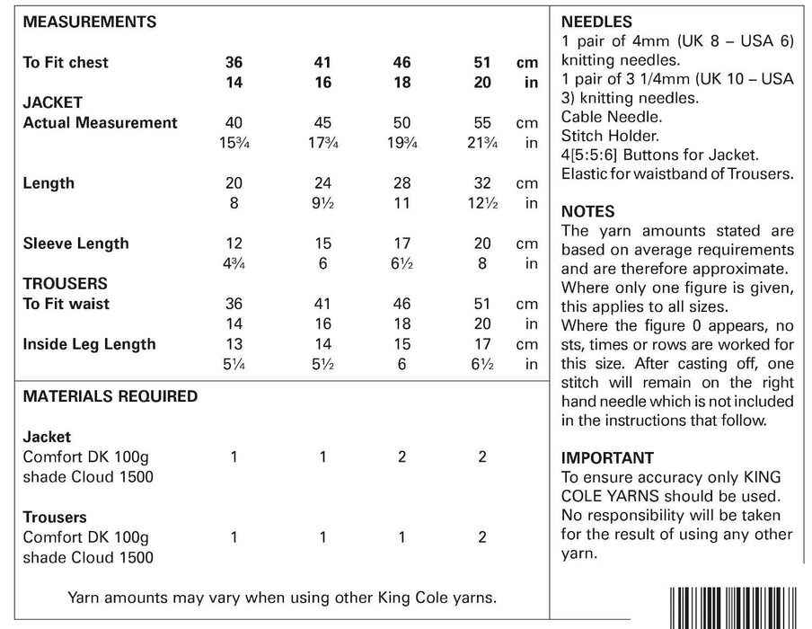 King Cole 5418 Double Knitting Pattern - Easy Cable - Baby Jacket & Trousers (14-20 in)