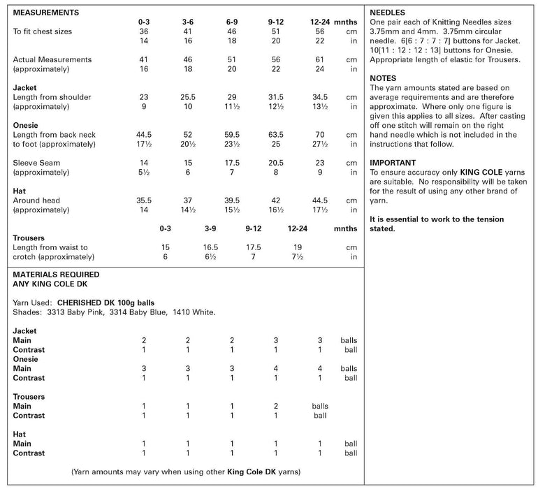King Cole 5430 Double Knitting Pattern - Baby Set 0 to 24 months