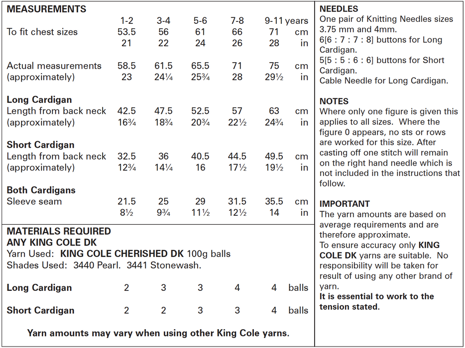 King Cole 5587 Double Knitting Pattern - Easy Knit - DK Cardigans (1 to 11 years)
