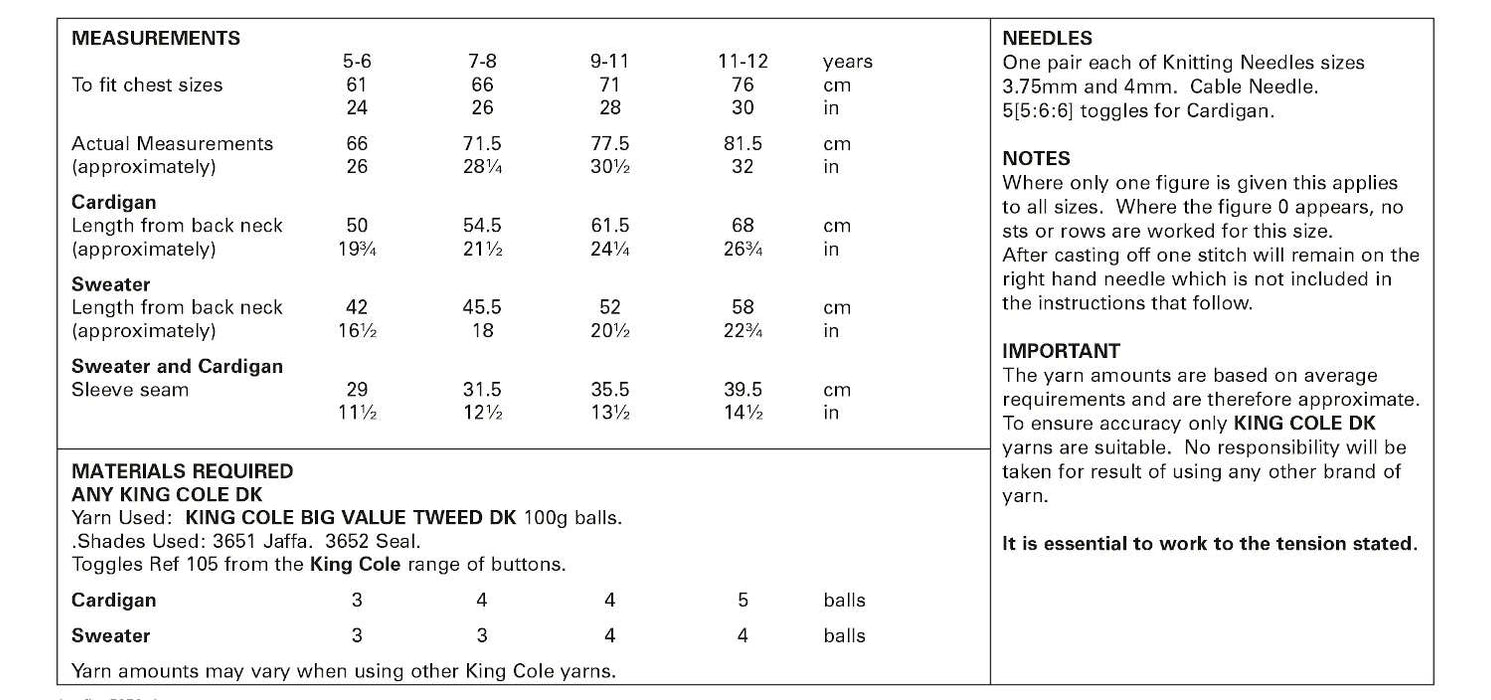 King Cole 5850 Double Knitting Pattern for Children - DK Cardigan & Sweater (5-12 yrs)