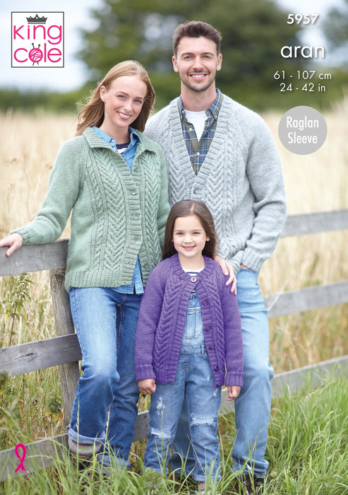 King Cole 5957 Aran Knitting Pattern - Men, Women & Children's Cardigans