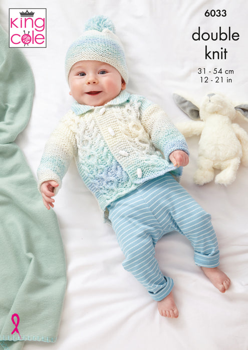 King Cole 6033 Double Knitting Pattern - DK Baby Jacket, Sweater, Cardigan & Hat (Prem - 2 yrs)