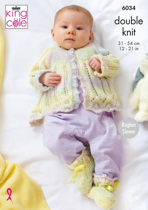 King Cole 6034 Double Knitting Pattern - DK Baby Overtop, Cardigan, Matinee Jacket & Bootees (Prem - 2 yrs)