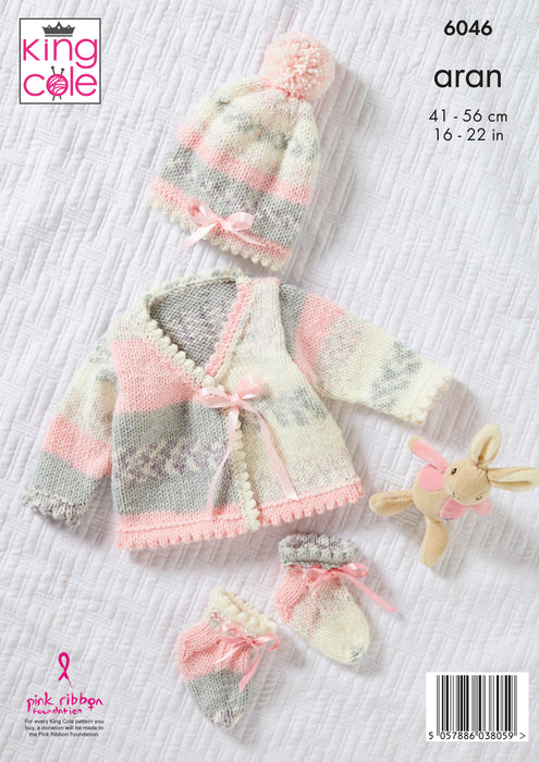 King Cole 6046 Aran Baby Knitting Pattern - Pinafore Dress, Cardigan, Hat and Slipper Socks (3 mnths - 3 Yrs)