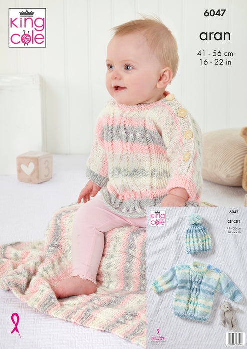 King Cole 6047 Aran Baby Knitting Pattern - Top, Sweater, Hat and Blanket (3 mnths - 3 Yrs)