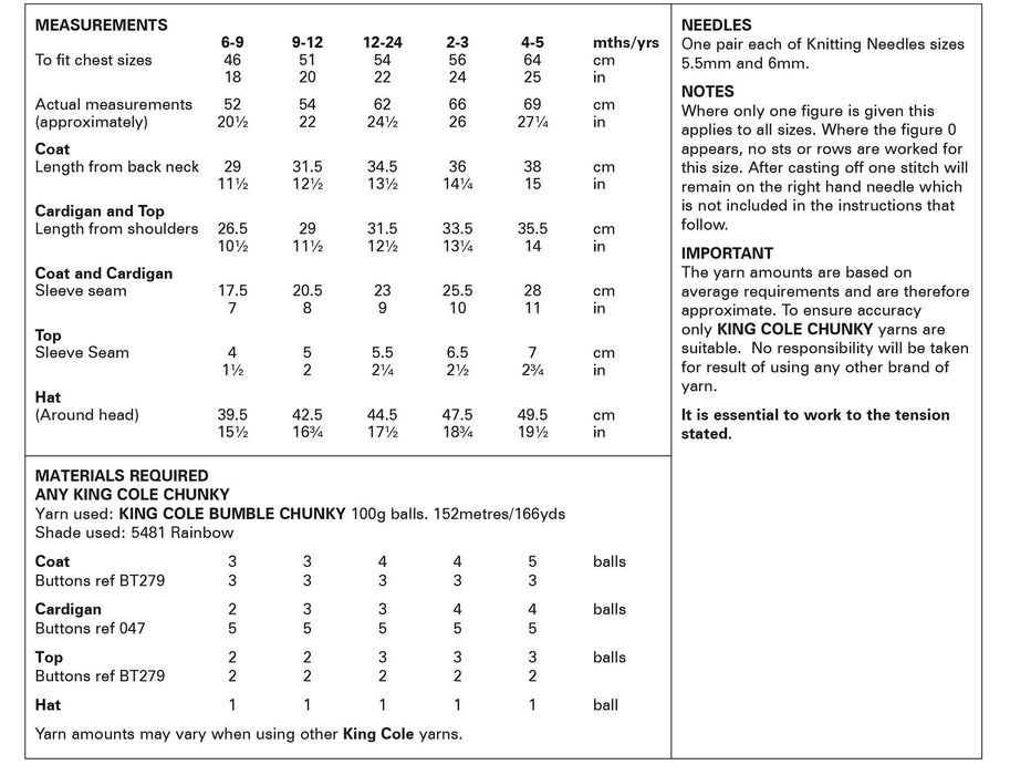 King Cole 6084 Chunky Knitting Pattern - Coat, Cardigan, Top and Hat for Children (6mnths to 5 years)