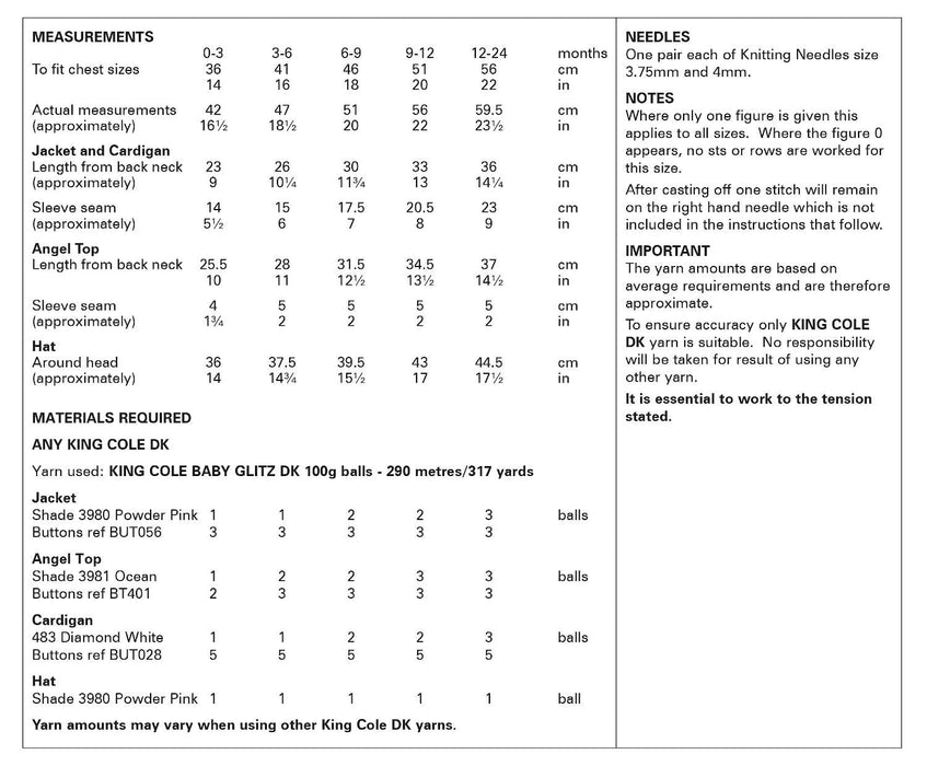King Cole 6104 Double Knitting Pattern - Baby DK Jacket, Angel Top, Cardigan & Hat (0-2 Years)