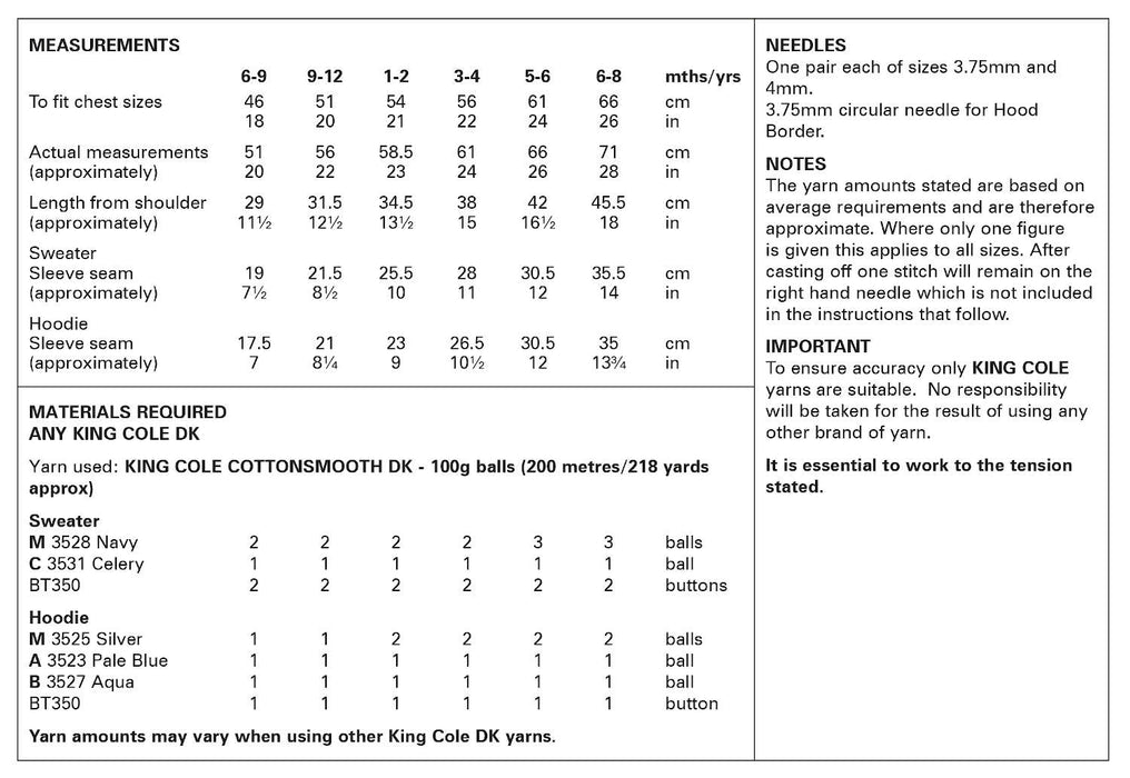King Cole 6163 Double Knitting Pattern for Cotton DK Sweater & Hoodie (6 months - 8yrs)