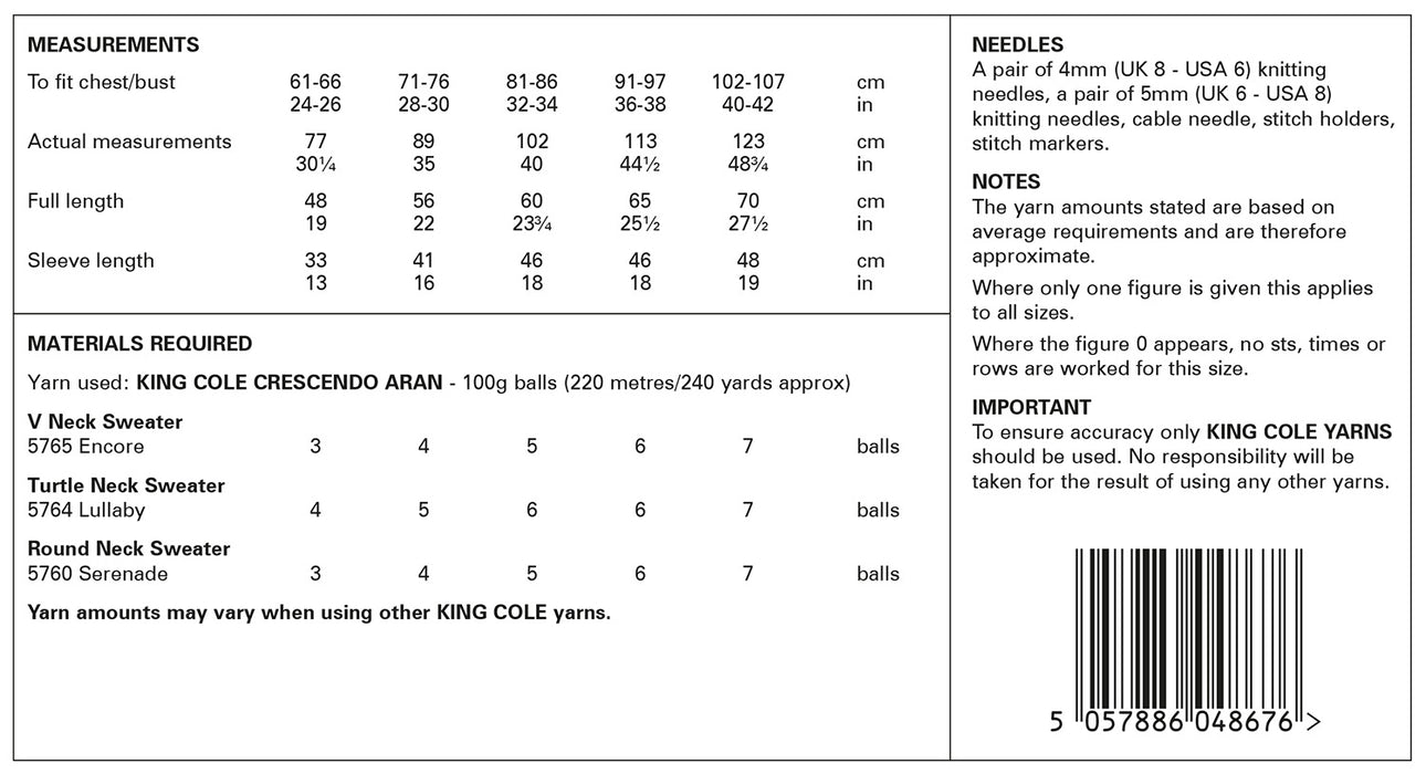 King Cole 6220 Aran Knitting Pattern - Family Cable Sweaters (24-42in)