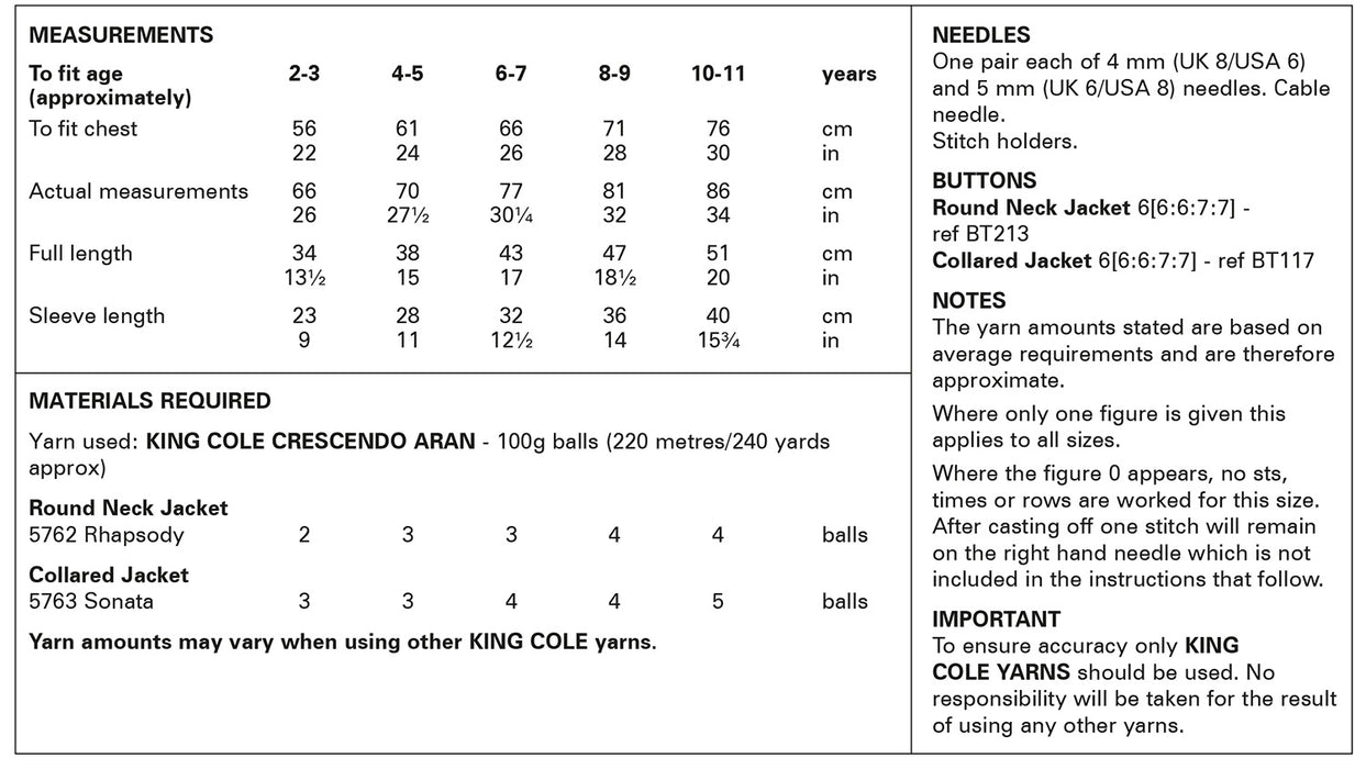 King Cole 6223 Aran Knitting Pattern for Children's Jackets (2-11yrs)