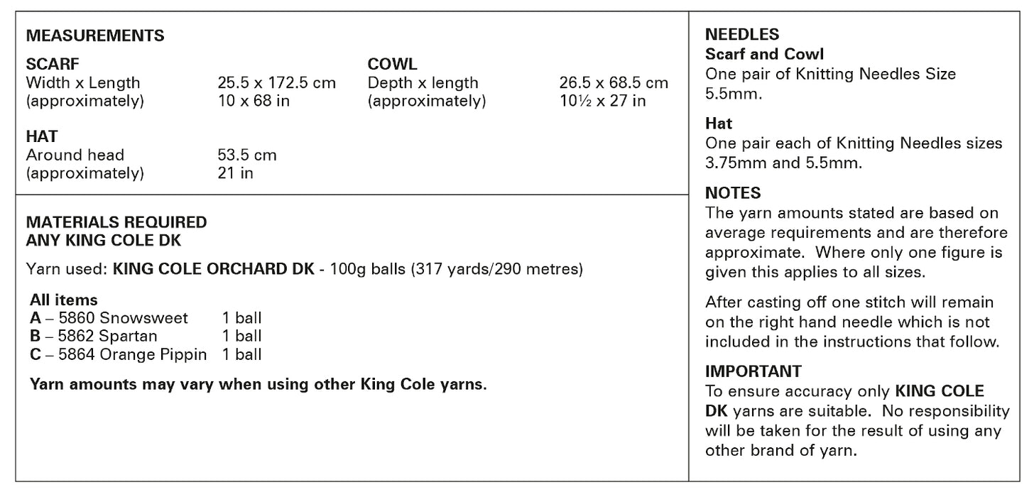 King Cole 6267 Double Knitting Apparel Accessories Pattern - Ladies DK Hat, Scarf & Cowl