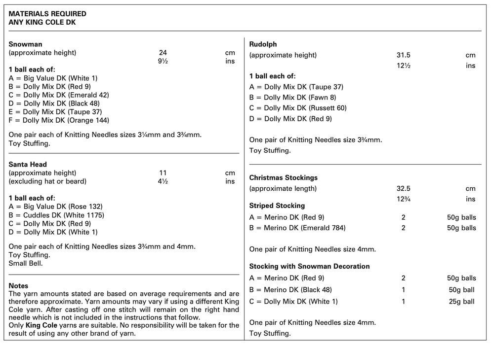 King Cole 8002 Christmas Knitting Pattern - Snowman, Santa Head, Rudolf & Christmas Stockings