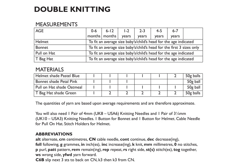 UKHKA 182 Double Knitting Pattern - DK Baby Children's Hats (0-7 yrs)