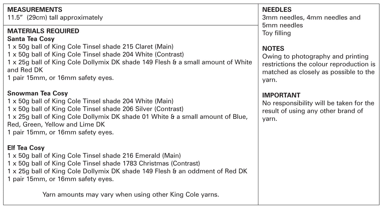 King Cole 9118 Christmas Knitting Pattern - Tea Cosies using Tinsel Chunky