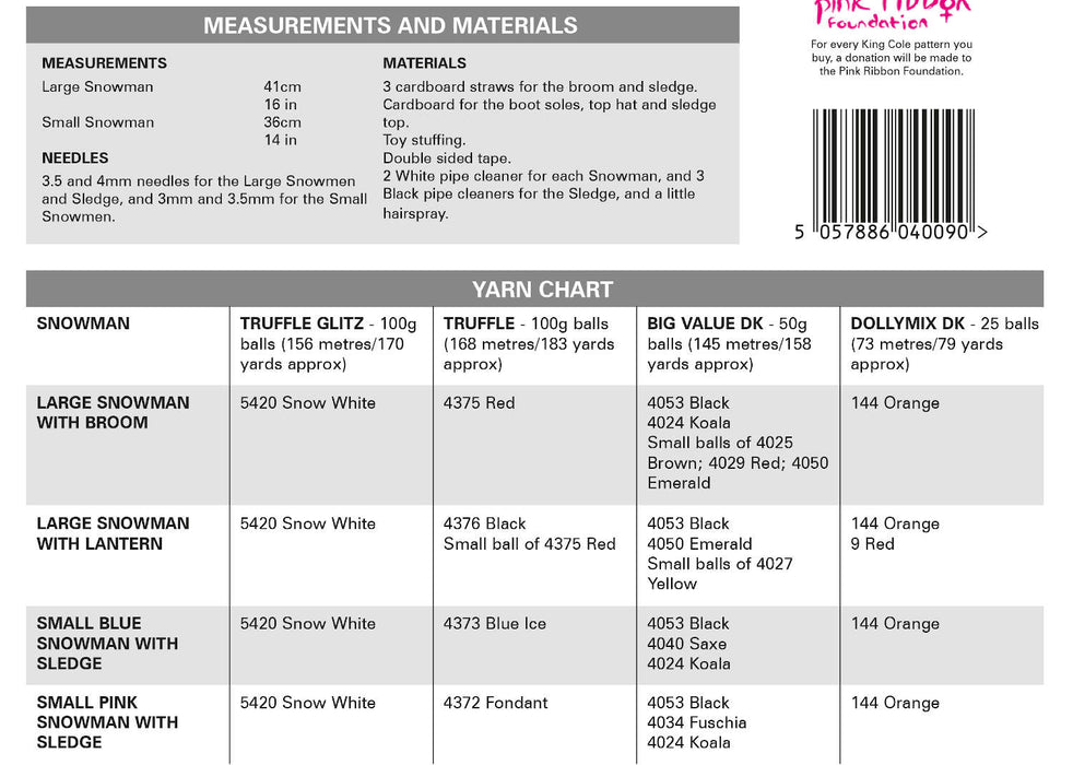King Cole 9182 Christmas Knitting Pattern - Easy Knit Snowmen using Truffle Glitz