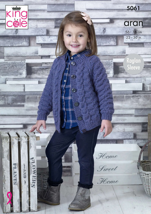 King Cole 5061 Aran Knitting Pattern - Tunic & Cardigan for Children (22-30in)