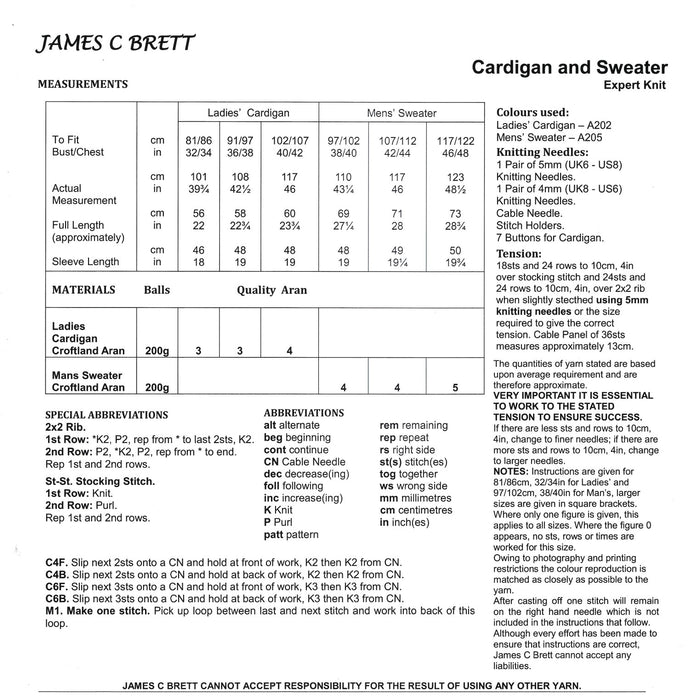 James C Brett JB853 Aran Knitting Pattern for Adults - Sweater & Cardigan - Expert Knit