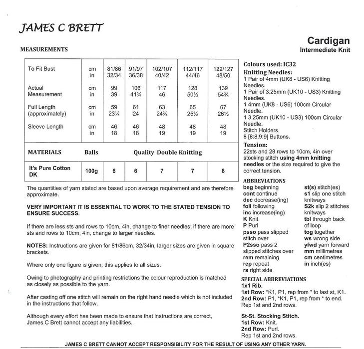 James C Brett JB877 Double Knitting Pattern - Cotton DK Cardigan for Ladies