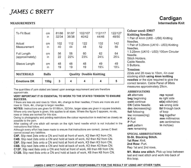 James C Brett Double Knitting Pattern JB923 - Ladies Cardigan (32-50in)