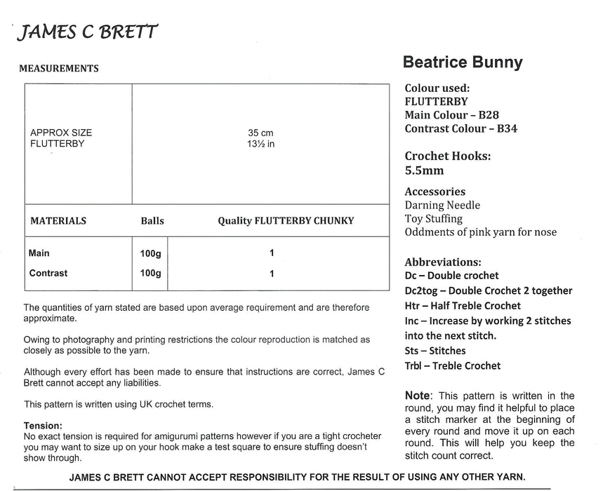 James C Brett JB932 Flutterby Chunky CROCHET pattern - Beatrice Bunny Toy