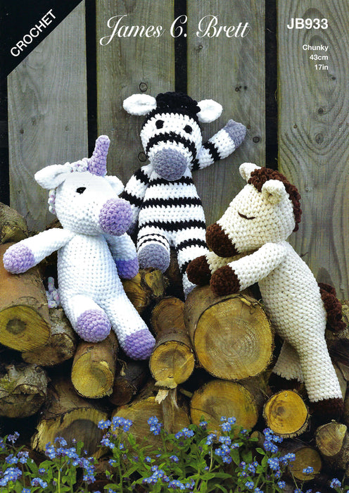 James C Brett JB933 Flutterby Chunky CROCHET pattern - Horatio Horse, Ursula Unicorn, Zachary Zebra Toy