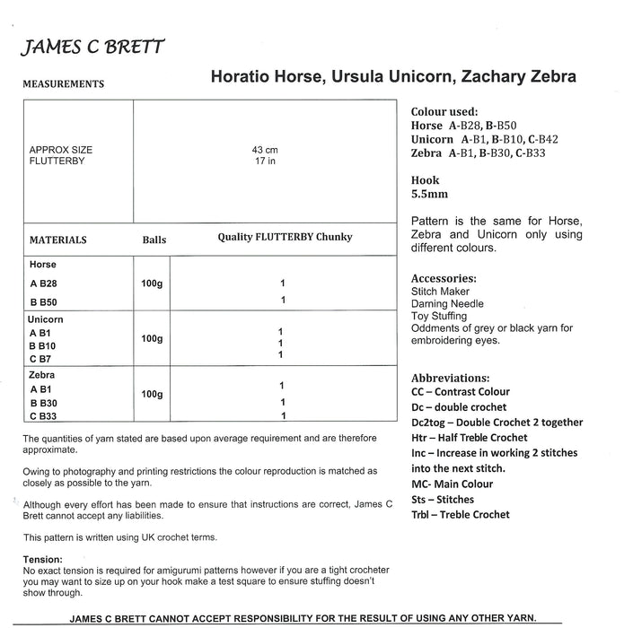 James C Brett JB933 Flutterby Chunky CROCHET pattern - Horatio Horse, Ursula Unicorn, Zachary Zebra Toy