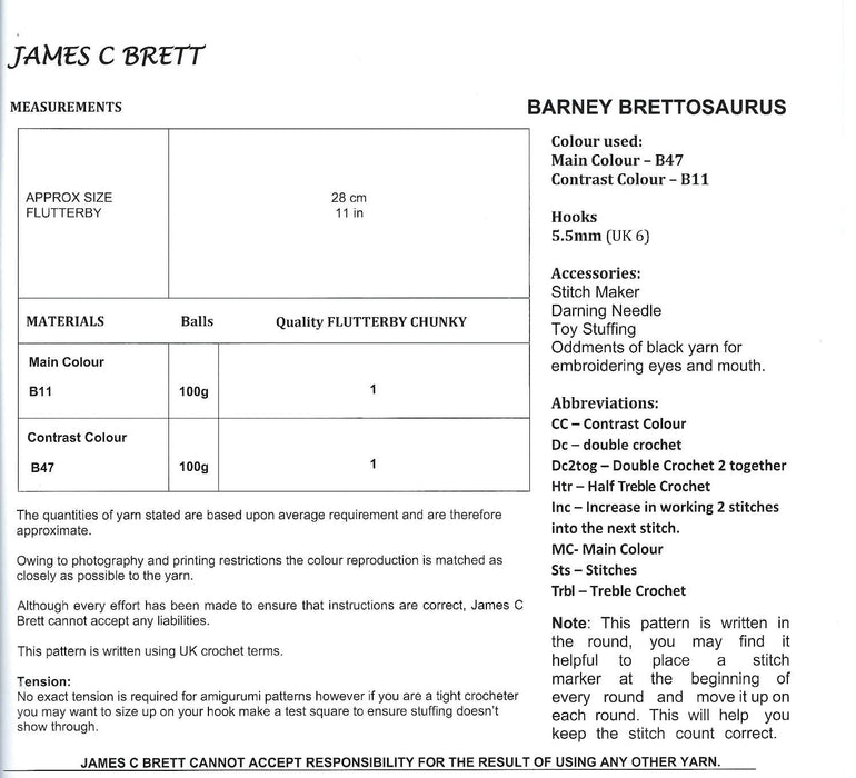 James C Brett JB934 Flutterby Chunky CROCHET pattern - Barney Brettosaurus Toy