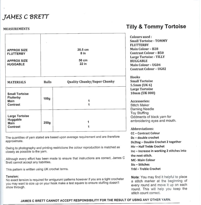 James C Brett JB935 Flutterby Chunky CROCHET pattern - Tilly & Tommy Tortoise Toy