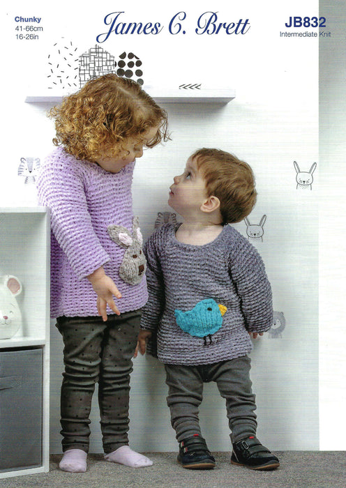 James C Brett  Knitting Pattern JB832 - Children's Bird & Rabbit Sweaters Knitted With Flutterby Chunky Yarn