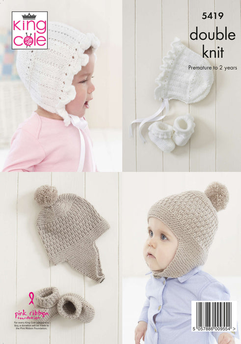 King Cole 5419 Double Knitting Pattern - DK Baby Hat & Bootee Sets (Prem to 2 years)