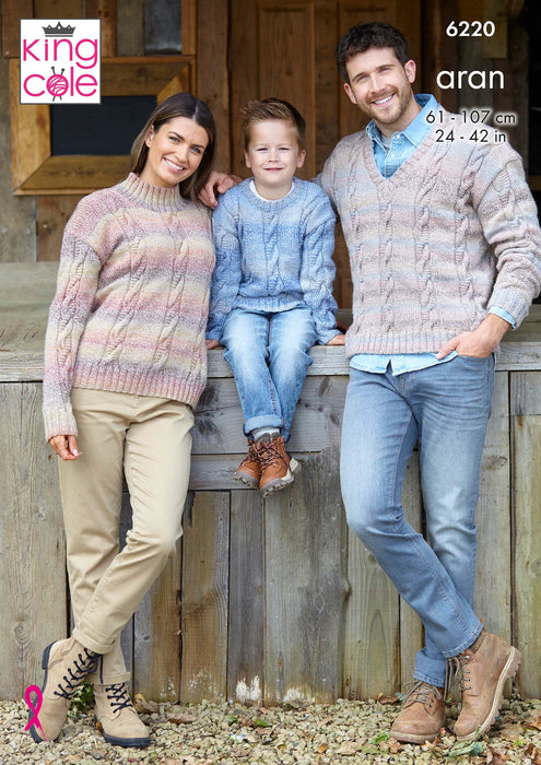 King Cole 6220 Aran Knitting Pattern - Family Cable Sweaters (24-42in)