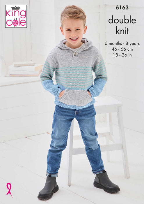 King Cole 6163 Double Knitting Pattern for Cotton DK Sweater & Hoodie (6 months - 8yrs)