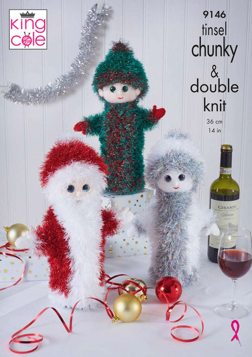 King Cole 9146 Christmas Knitting Pattern - Wine Bottle Covers using Tinsel Chunky