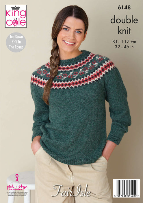 King Cole 6148 Double Knitting Pattern - DK Ladies Fair Isle Sweaters (32-46 in)