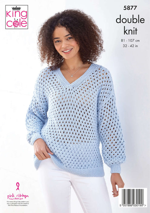 King Cole 5877 Double Knitting Pattern - Cotton DK Ladies Sweaters (32-42in)