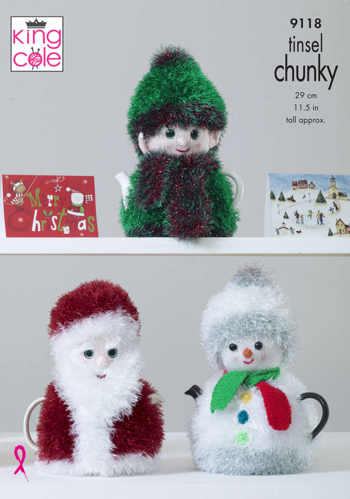 King Cole 9118 Christmas Knitting Pattern - Tea Cosies using Tinsel Chunky