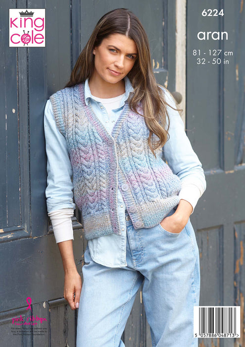 King Cole 6224 Aran Knitting Pattern - Ladies Waistcoats (32-50in)