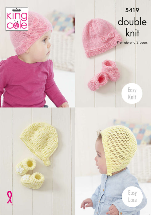 King Cole 5419 Double Knitting Pattern - DK Baby Hat & Bootee Sets (Prem to 2 years)