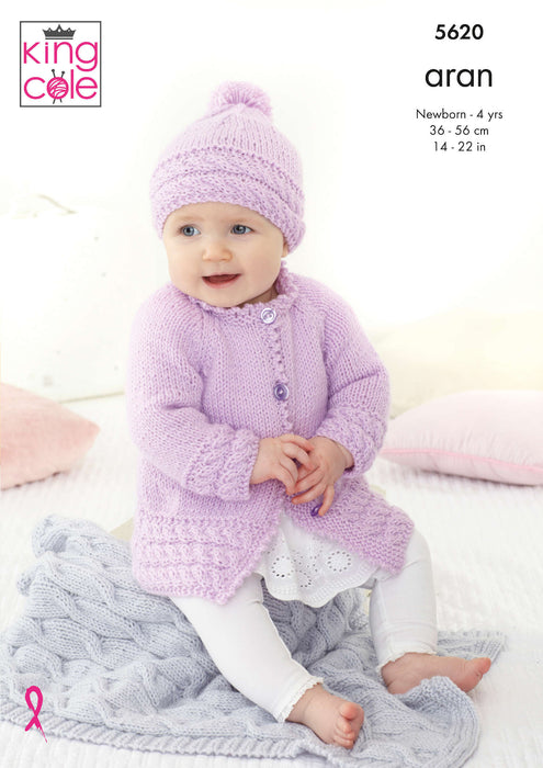 King Cole 5620 Aran Baby Knitting Pattern - Jackets, Hats & Pram Blanket  (0-4 yrs)