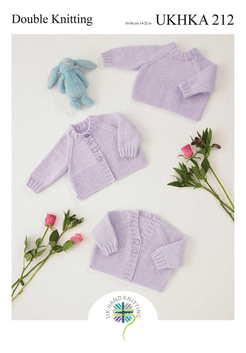 UKHKA 212 Double Knitting Pattern - DK Baby Sweater & Cardigans (14-22in)