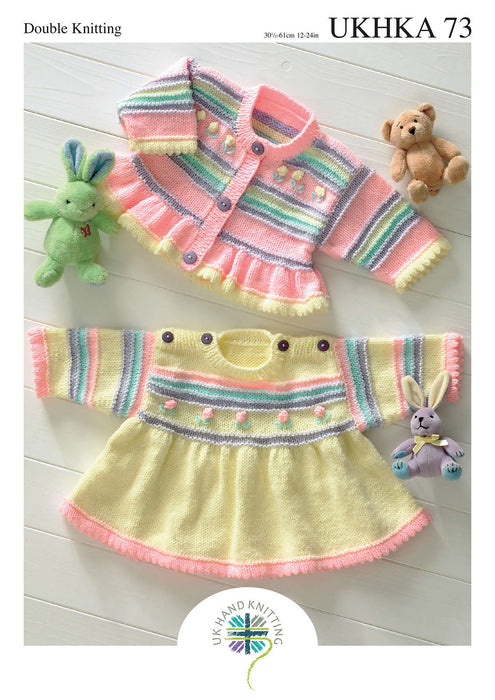 UKHKA 73 Double Knitting Pattern - DK Baby Dress & Cardigan (Prem to 4 yrs)