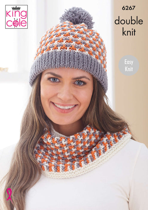 King Cole 6267 Double Knitting Apparel Accessories Pattern - Ladies DK Hat, Scarf & Cowl