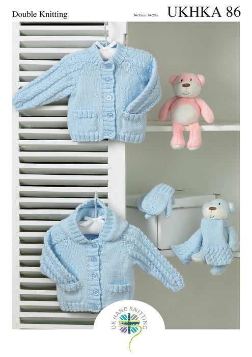 UKHKA 86 Double Knitting Pattern - DK Baby Cardigans, Scarf & Mittens (0 to 2 Yrs)