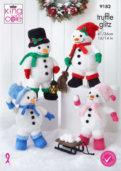 King Cole 9182 Christmas Knitting Pattern - Easy Knit Snowmen using Truffle Glitz